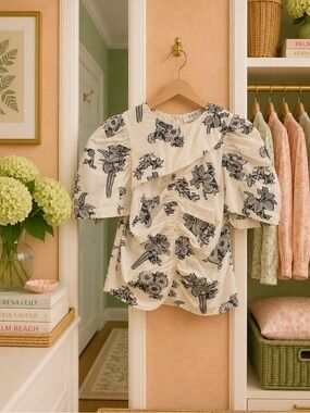 Sea Cream and Black Floral Ruffle Puff-Sleeve Top